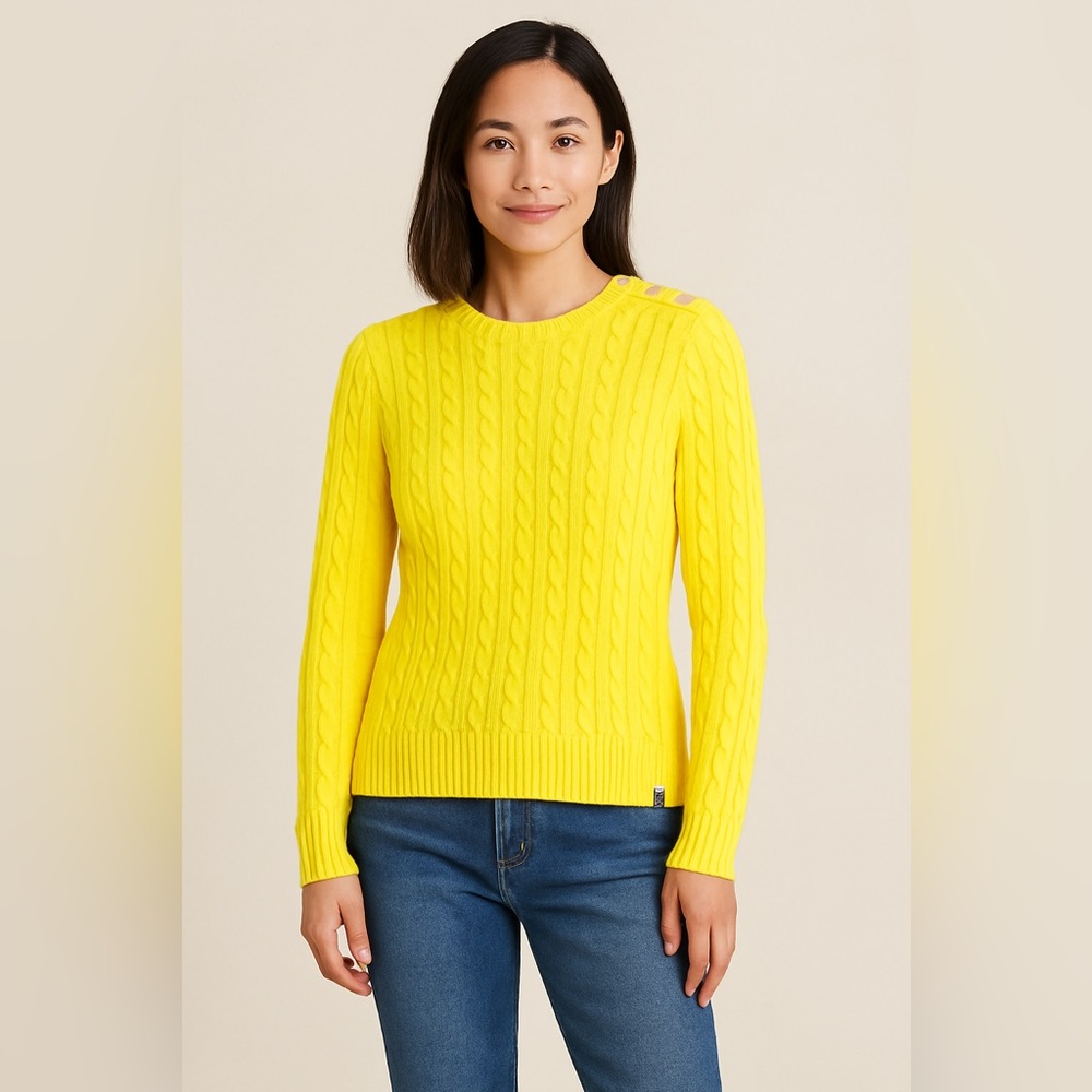 Lands End Women’s M Petite Yellow Cable Knitted Shoulder Button Preppy Sweater